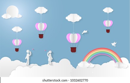 Love Invitation card Valentine's day background with Boy Girl Balloon Rainbow Birds and Heart. Vector illustration.Paper art concept.