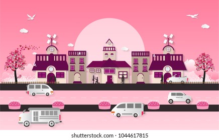 Love Invitation card Valentine's day background with Girl Boy Birds Car Home Flowers Hearts and Tree. Vector illustration.Paper art concept.