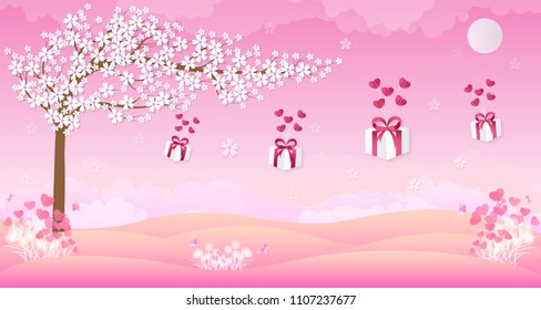 Love Invitation card Valentine's day background with Gifts Hearts Butterfly Flowers Sun and Sakura tree. Vector illustration.Paper art concept.