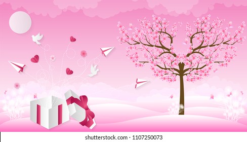 Love Invitation card Valentine's day background with Box Birds Flowers Butterfly Plane and Sakura tree. Vector illustration.Paper art concept.