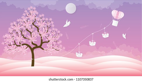Love Invitation card Valentine's day background with Gifts balloon Birds Sun and Tree. Vector illustration.Paper art concept.