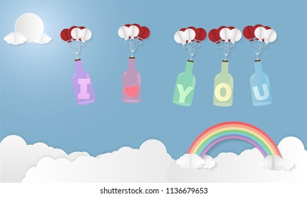 Love Invitation card Valentine's day background with Text i love you Balloon Rainbow Glass bottles and Heart. Vector illustration.Paper art concept.