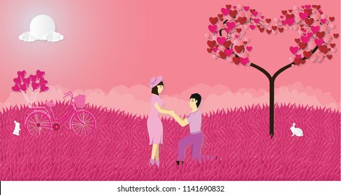 Love Invitation card Valentine's day background with Women Men Tree Rabbits Bicycle Balloon Hearts and Sun. Vector illustration.Paper art concept.