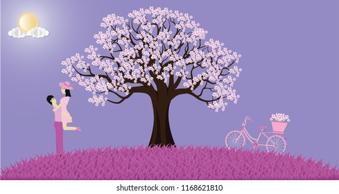 Love Invitation card Valentine's day background with Boy Girl Tree Bicycle Grass Sun and Flowers. Vector illustration.Paper art concept.