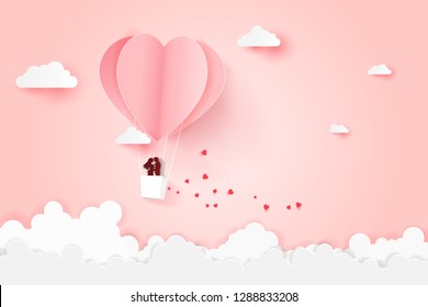 Love Invitation card Valentine's day with heart balloon float sky and scattering little heart,Paper art style.