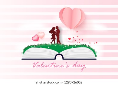 Love Invitation card Valentine's day with heart balloon float sky and Couple stand on natural grass ,Paper art style.