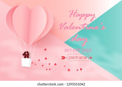Love Invitation card Valentine's day with heart balloon float sky and scattering little heart,Paper art style.