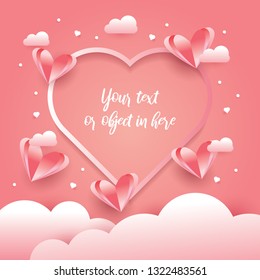 Love Invitation card Valentine's day  on abstract background and clouds, paper cut mini heart. Vector illustration