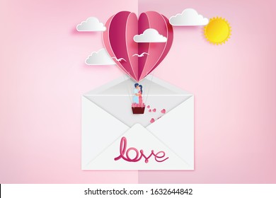 love Invitation card Valentine's day balloon heart on pink background with text love and young joyful,clouds,sun,paper cut pink heart.