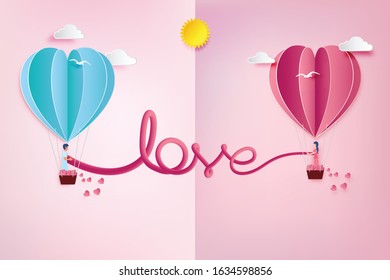love Invitation card Valentine's day balloon heart on pink background with text love and young joyful,clouds,sun,paper cut pink heart.