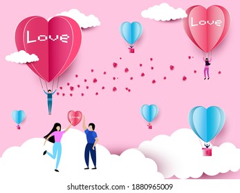 love Invitation card valentine's day balloon heart on abstract background with text love you and young joyful, paper cut mini heart. love happy couple.vector illustration