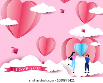 love invitation card valentine's day  balloon heart on abstract background with text I love you  for valentine's. love pink background.clouds.vector illustration. paper art style.