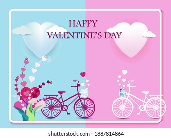 love invitation card valentine's day abstract background with text love and happy valentine's.clouds,paper cut pink heart.bicycle, flower , vector illustration.