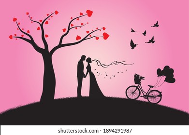 Love Invitation card Valentines day background with Men Women Birds Butterfly Bicycle Balloon and Heart tree, Romantic love banner for valentines day