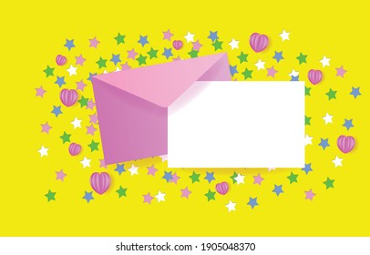 love Invitation card Valentine's day abstract background with text love and young joyful,clouds,paper cut pink heart. Vector illustration.