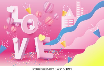 love invitation card valentine's day balloon heart on abstract background with text I love you for valentine's. love pink background.clouds.vector illustration. paper art style.