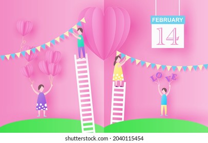 love Invitation card Valentine's day. Paper cut big heart in middle of page. With happy peoples helping organize the Love festival. Calendar with text FEBRUARY 14. Pink background Vector illustration.