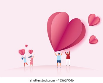 love Invitation card Valentine's day abstract background with young joyful and paper cut pink heart. Vector illustration.