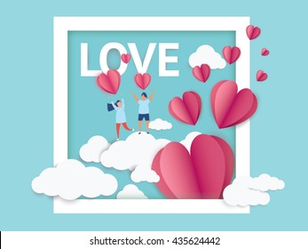 love Invitation card Valentine's day with young joyful on clouds background and paper cut  pink heart. Vector illustration.