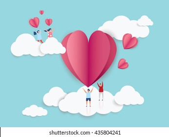 love Invitation card Valentine's day abstract background with young joyful,clouds and paper cut  pink heart. Vector illustration.