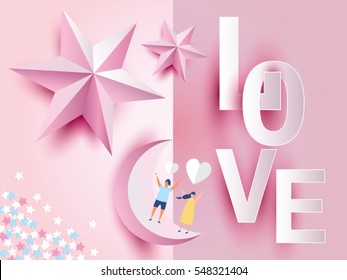 love Invitation card Valentine's day abstract background with text love and young joyful,clouds,paper cut pink heart. Vector illustration.