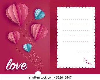 love Invitation card Valentine's day balloon heart on abstract background with text love, paper cut pink and blue heart. Vector illustration.