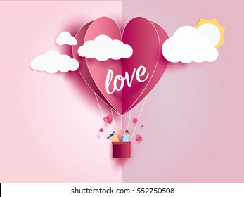 love Invitation card Valentine's day balloon heart on abstract background with text love and young joyful,clouds,sun,paper cut pink heart. Vector illustration.