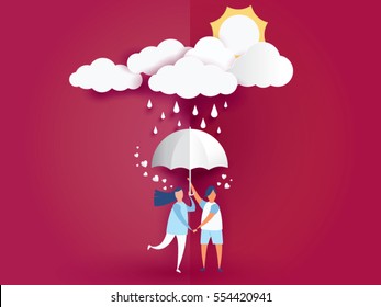 tarjeta de invitación al amor Día de San Valentín y joven pareja alegre sosteniendo un paraguas sobre fondo abstracto con lluvia y nubes, sol, estilo artesano de papel .Ilustración vectorial.