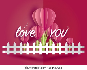 love Invitation card Valentine's day on abstract background with pink flower heart ,paper fence and text love you,paper craft style .Vector illustration.