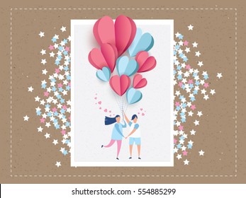 love Invitation card Valentine's day. and young joyful couple holding balloons heart on paper abstract background and mini paper cut circle. Vector illustration.paper craft style.