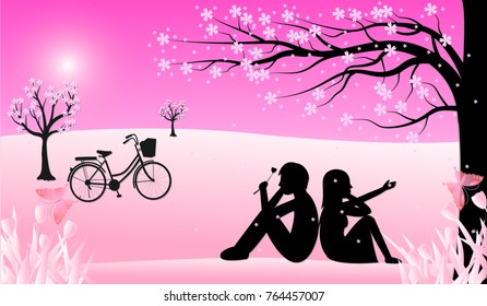 Love Invitation card Valentine's day background with Boy Girl flowers butterfly bicycle and Sakura tree. Vector illustration
