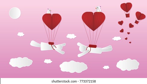 Love Invitation card Valentine's day background with Girl Boy Birds Hearts and Balloon. Vector illustration.Paper art concept.