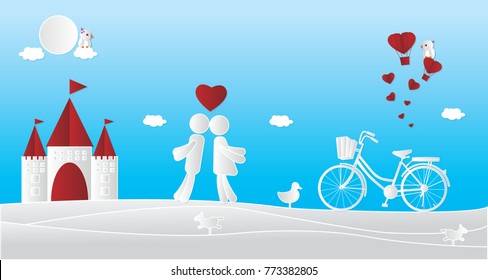 Love Invitation card Valentine's day background with Boy Girl Birds Bicycle Duck Hearts Castle and Balloon. Vector illustration.Paper art concept.
