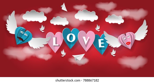 love invitation card Valentine's Day hearts on an abstract background with the text of love and clouds, pigeons, paper cut pink and blue heart. Vector illustration.
