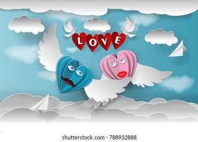love invitation card Valentine's Day hearts on an abstract background with the text of love and clouds, pigeons, paper cut pink and blue heart. Vector illustration.