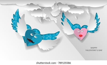 love invitation card Valentine's Day hearts on an abstract background with cupid and clouds, paper cut pink and blue heart. Vector illustration.