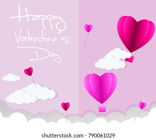 love Invitation card Valentine's day abstract background with text love and young joyful,clouds,paper cut pink heart. Vector illustration.