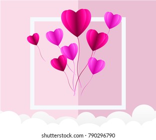 love Invitation card Valentine's day abstract background with text love and young joyful,clouds,paper cut pink heart. Vector illustration.