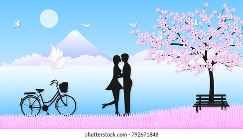 Love Invitation card Valentine's day background with Boy Girl Ship Birds Bicycle and Sakura tree. Vector illustration.Paper art concept.