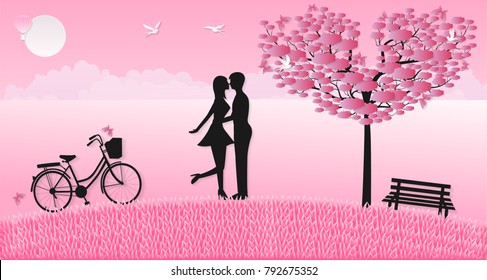 Love Invitation card Valentine's day background with Men Women Birds Butterfly Bicycle Balloon and Heart tree. Vector illustration.Paper art concept.