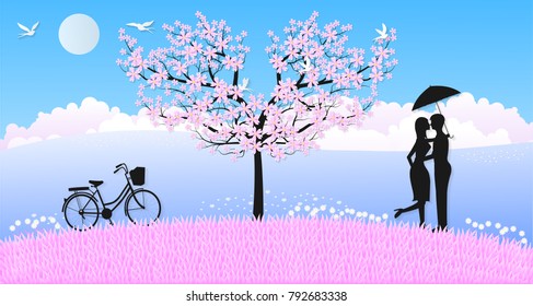 Love Invitation card Valentine's day background with Women Men Birds Flowers Bicycle and Sakura tree. Vector illustration.Paper art concept.