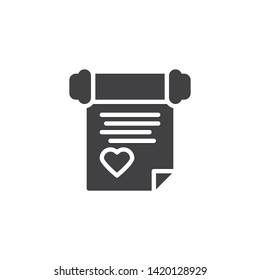 Love invitation scroll vector icon. filled flat sign for mobile concept and web design. Scroll paper with heart glyph icon. Wedding card invitation symbol, logo illustration. Vector graphics