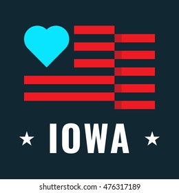 Love Iowa state with usa flag, flat vector icon design illustration, banner on dark background. Can be used for public holidays in the United States also for theme about tourism.