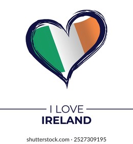 I Love Ireland Banner with Flag in Heart (Eu Amo Bandeira da Irlanda com Bandeira no Coração). Irlanda amor Emblem isolado no fundo branco. Vetor, Ilustração, Isolado, Amor, Plano de Fundo.