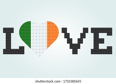 Love Ireland Text. Flag in heart. From plastic building bricks or blocks toy. Vector illustration.