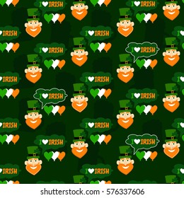 I love irish. Funny seamless pattern with leprechaun, flag, hearts and hat. Holiday background. Happy St. Patrick's Day. 