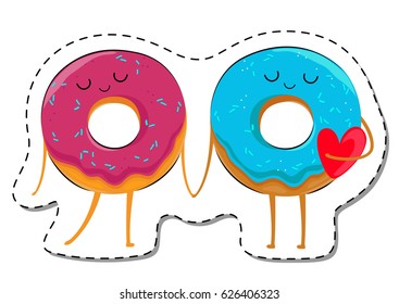 Love Is... Donuts In Love Sticker. Cute Cartoon Food emoticon Vector illustration