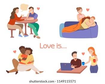 Love is... Man and woman care about each other. lovers show their love. Small acts, Big Love. care and attention. Good relationship. support family home scene. Vector set. 