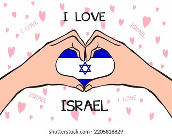 I love Israel. Heart hand gesture with Israel flag. Modern design with text I love Israel in flat style. Beautiful background design with hearts. Vector illustration eps 10