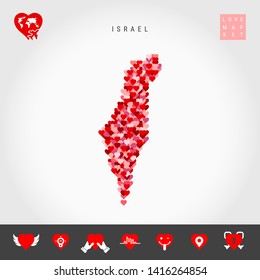 I Love Israel. Red and Pink Hearts Pattern Vector Map of Israel Isolated on Grey Background. Love Icon Set.